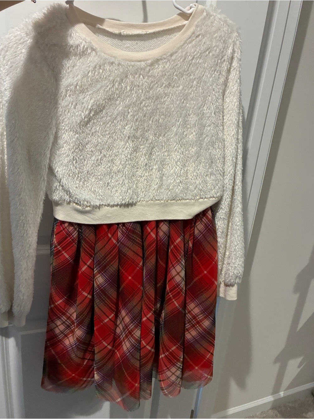 Knitworks Autumn Themed Cozy Cream Fuzzy Sweater with Red Plaid Skirt